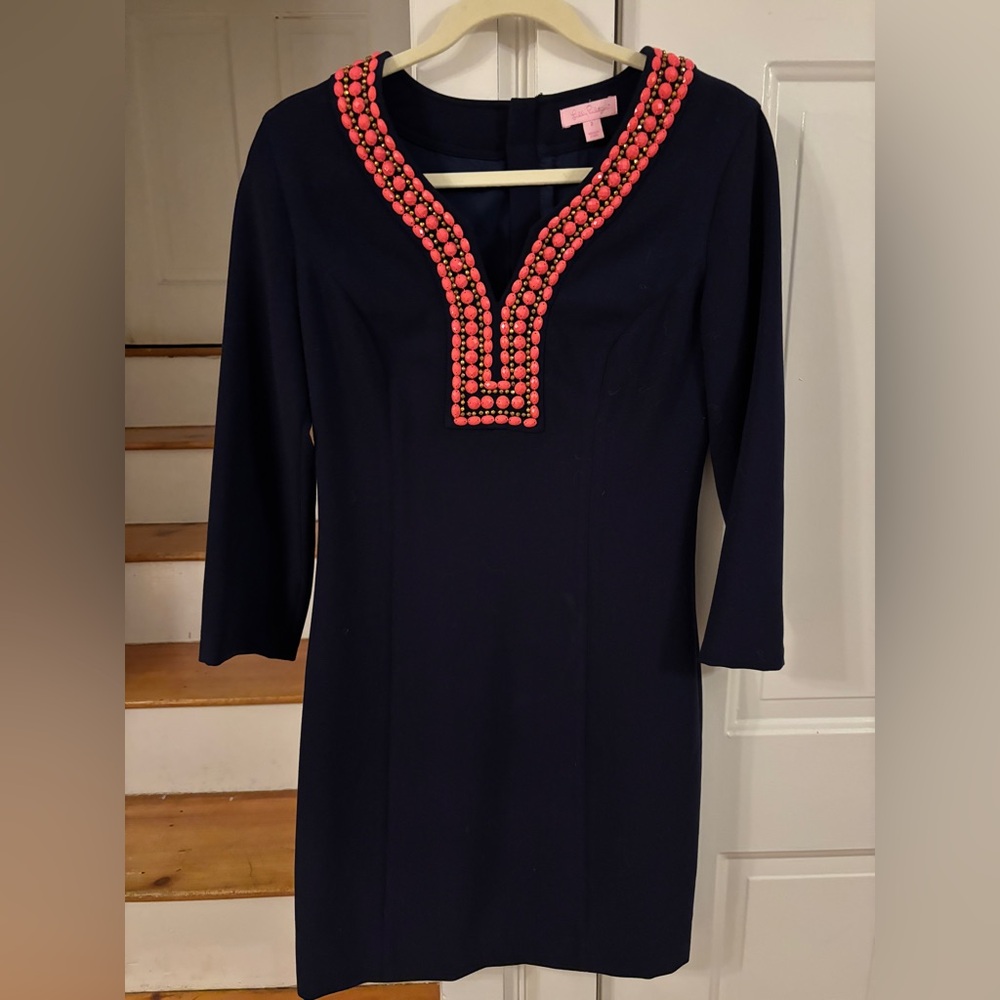 Lilly Pulitzer Bennett Shift Dress Beaded with Coral 3/4 sleeve - Picture 2 of 6